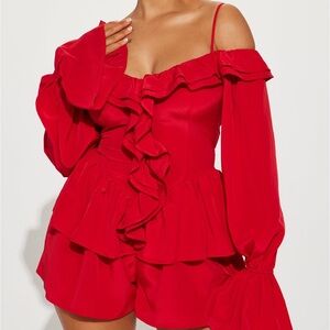 Red shorts romper ruffle dress cold shoulder